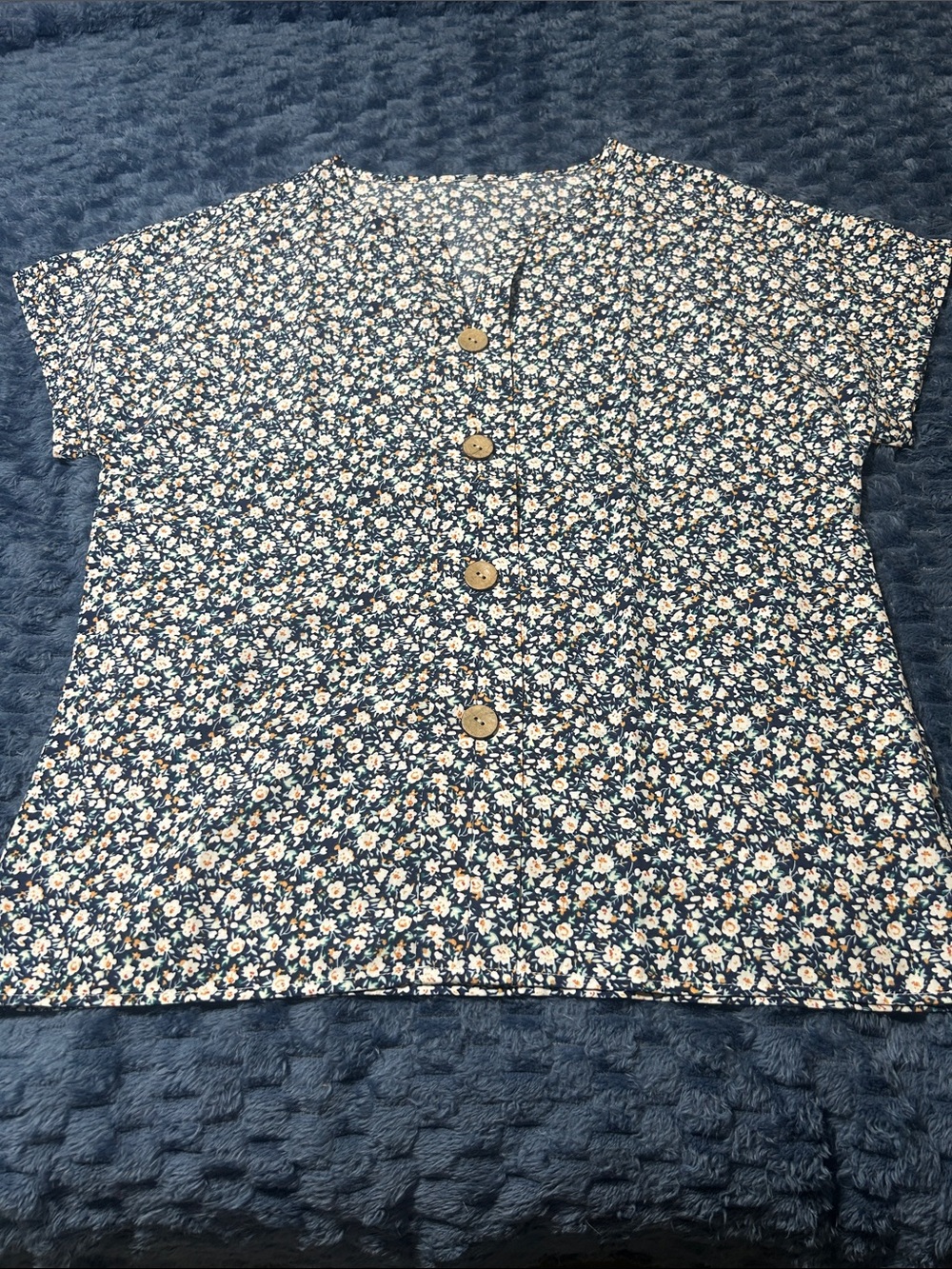 Women’s Navy Dainty Floral Button-Front Blouse with Wooden Buttons
